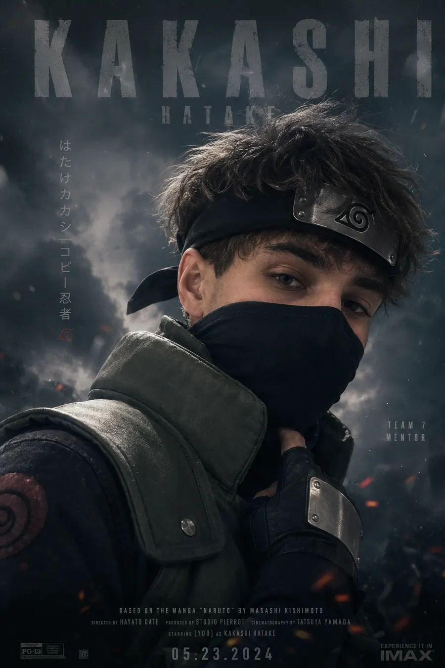 Fan-made AI cosplay image with dramatic character styling and portrait lighting.