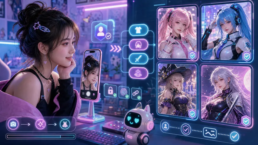 Selfie to AI cosplay workflow showing prompt chips and generated character photo results.