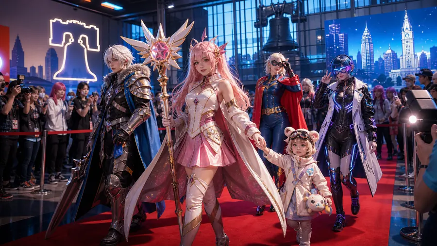 Convention red carpet AI cosplay photo idea with anime and game character portrait inspiration.