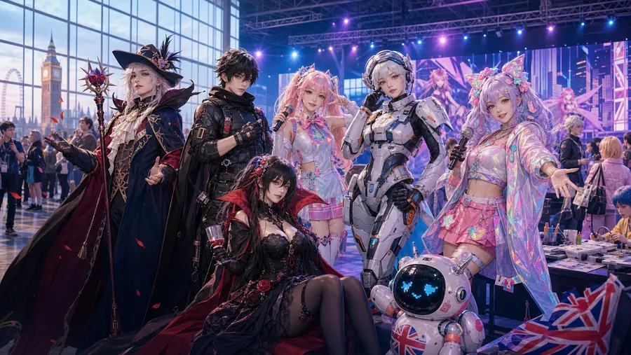 London convention group-shot scene for AI cosplay photos with fantasy, anime, and sci-fi character styles.