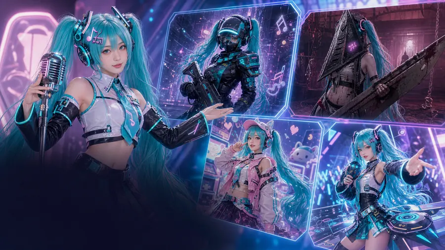 AI cosplay trend card showing virtual idol character variants for remix-inspired photo generation.